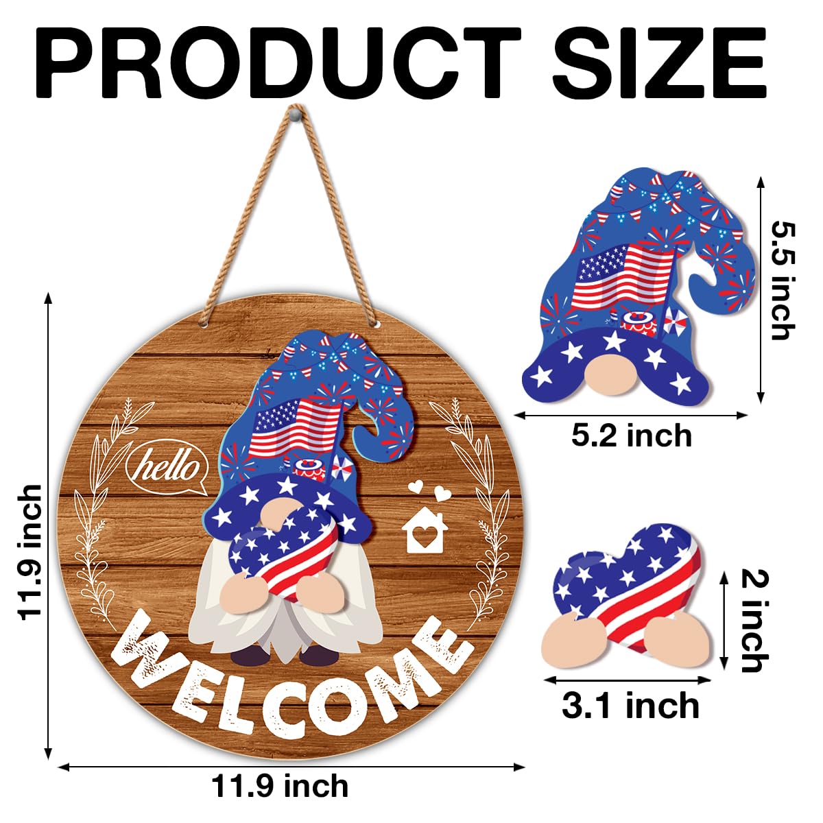 Interchangeable Gnome Welcome Sign Summer Patriotic 4th of July Porch Decor, Changeable Wooden Gnomes Front Door Decoration Wreath Hanger for Spring Fall Winter All Seasons Holiday, Red Brown