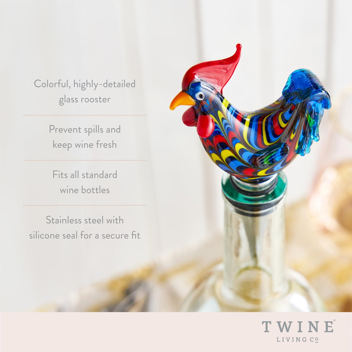 Twine Rooster Bottle Stopper, Glass Rooster Wine Bottle Stopper, Keep Wine Fresh, Glass, Metal, Multicolor, Set of 1