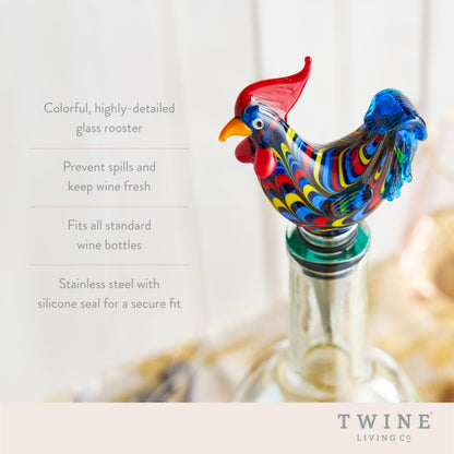 Twine Rooster Bottle Stopper, Glass Rooster Wine Bottle Stopper, Keep Wine Fresh, Glass, Metal, Multicolor, Set of 1