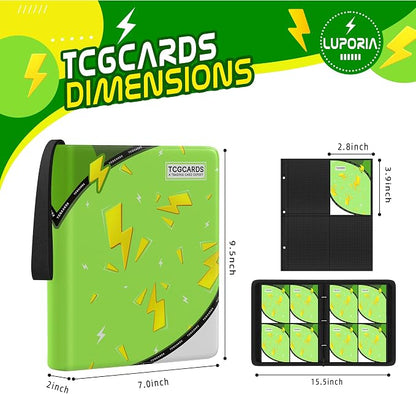 Trading Card Binder 4 Pocket,400 Pocket Card Collection Binder with 50 Removable Sleeves,PU Waterproof Top Card Book,3-Ring Zipper Collectible Trading Card Album for MTG/TCG/Card Holder Gift（Green）
