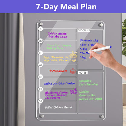 Acrylic Meal Planner Magnetic Menu Board for Kitchen Fridge, 13"x9" Clear Weekly Calendar Planning Board Noteboard Refrigerator Dry Erase Board to Do/Grocery/Shopping Lis Includes 6 Markers