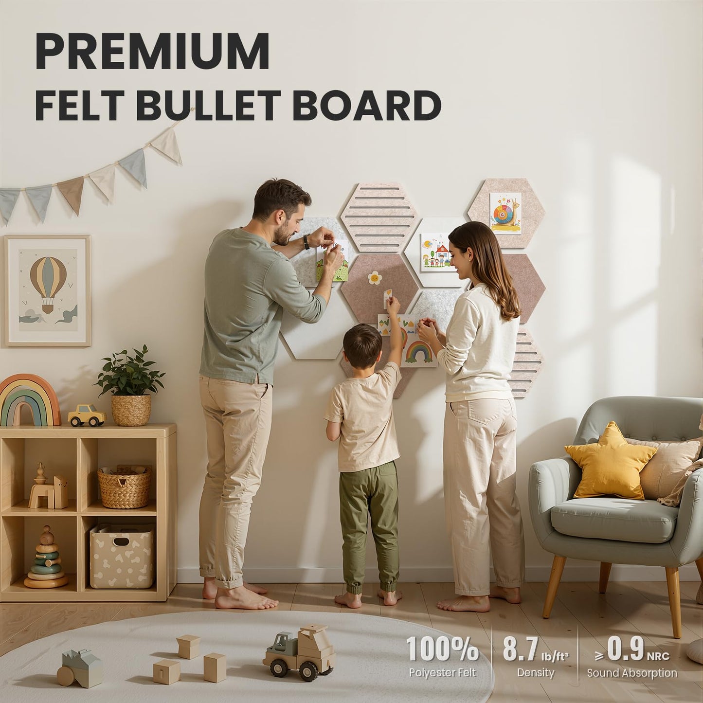 Hexagon Cork Bulletin Board Tiles, 10 Pack Felt Board with 25 Push Pins, Photo Display Board for Office & Home Classroom Wall Decor, 11.8x10.2 Inches