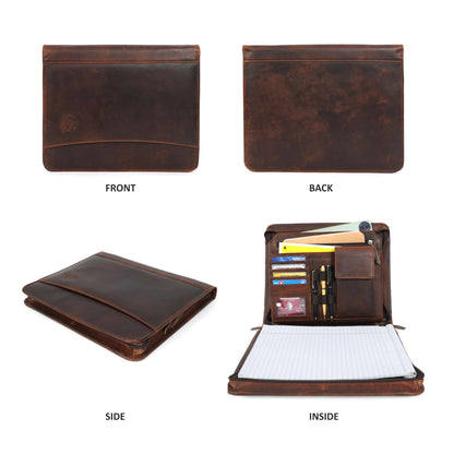 Leather Portfolio for Men, Portfolio Organizer with Zipper for Men Women, Leather Padfolios Business Resume Legal Pad Notebook Binder for A4/Pad (Brown)