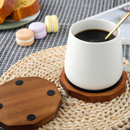 Wood Coasters for Drinks Absorbent with Lip, 4.3 Inch Rustic Acacia Wood Black Felt Coaster with Holder for Wooden Coffee Table for Cups, Mugs, and Glasses - Set of 6