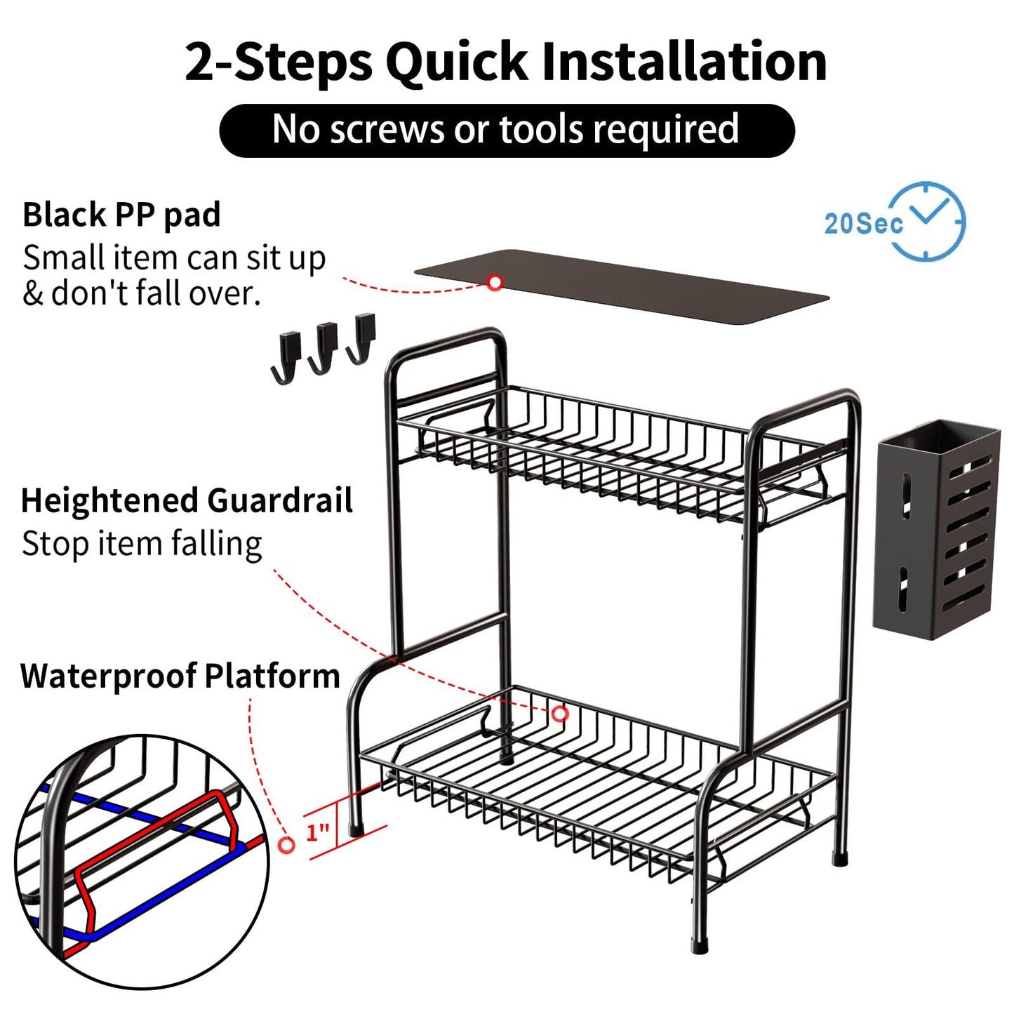 Bathroom Countertop Organizer With Toiletries Basket, 2 Tier Bathroom Counter Storage Rack with Adjustable Feetpad, No-Screw Caddy Stand for Vanity, Sturdy Metal Wire Black, Medium 12.8''L x 7.2''W