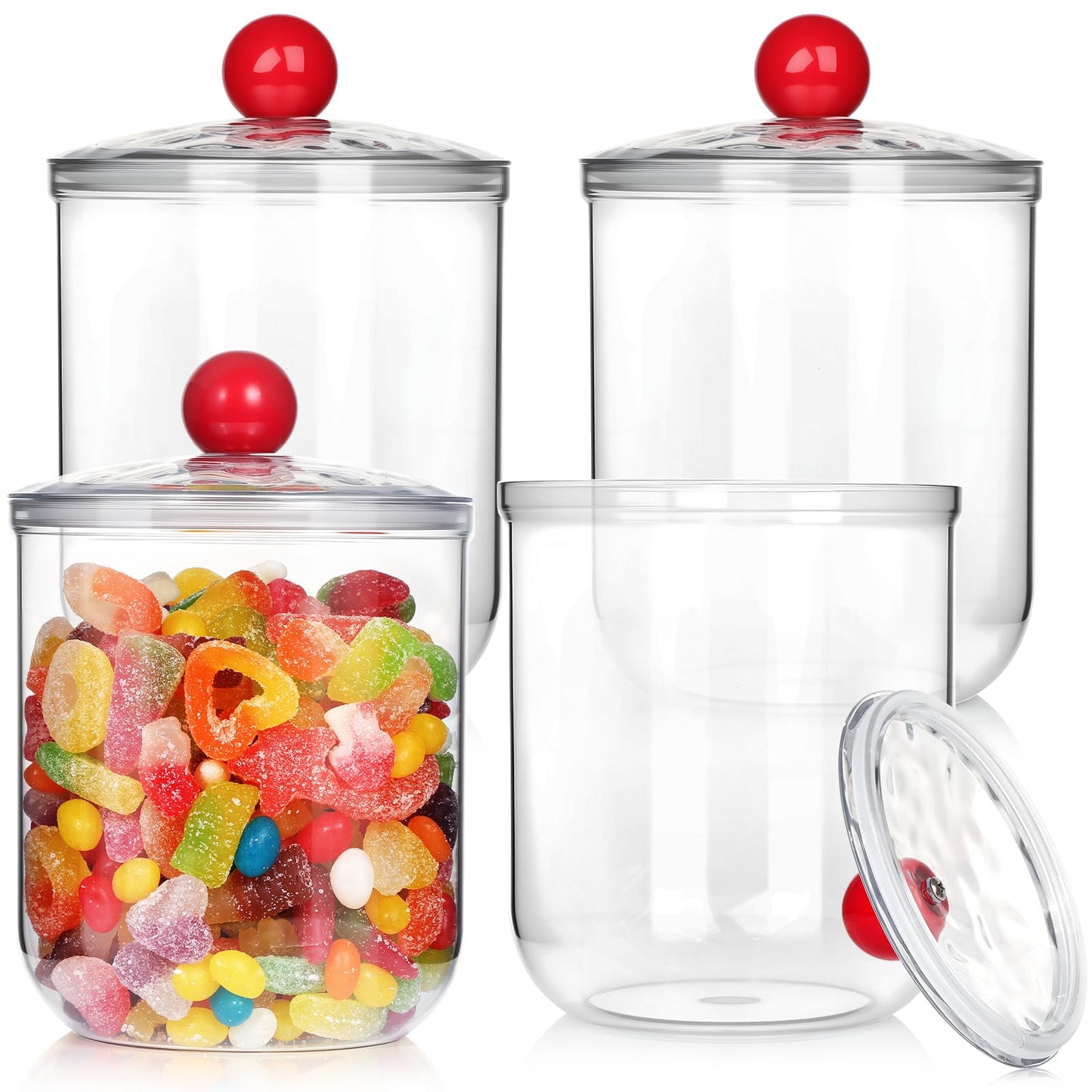 VZZNN 4 Pack Candy and Jars with Lids for Office Desk, Plastic Cookie Storage Jar for Kitchen Counter, Plastic Apothecary Jar for Cotton Swabs, Balls, Cotton Pads (1400ml)