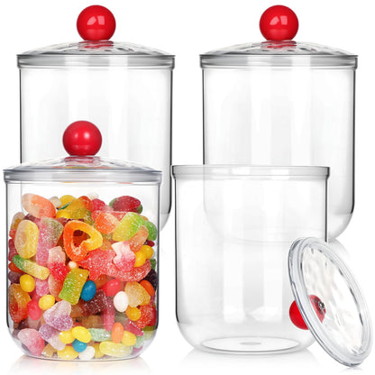 VZZNN 4 Pack Candy and Jars with Lids for Office Desk, Plastic Cookie Storage Jar for Kitchen Counter, Plastic Apothecary Jar for Cotton Swabs, Balls, Cotton Pads (1400ml)