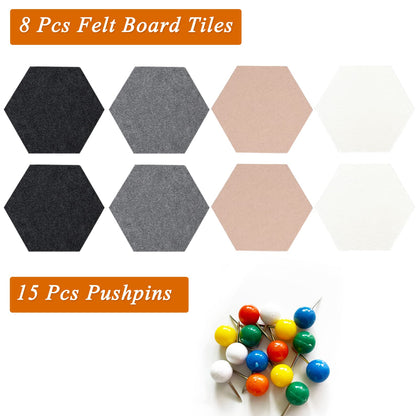 HULAVO 8Pcs Hexagon Felt Cork Board Tiles, Self Adhesive DIY Bulletin Board Pin Board for Office School Home Wall Decor Stickers Memos Photos Display (Camel & Grey)
