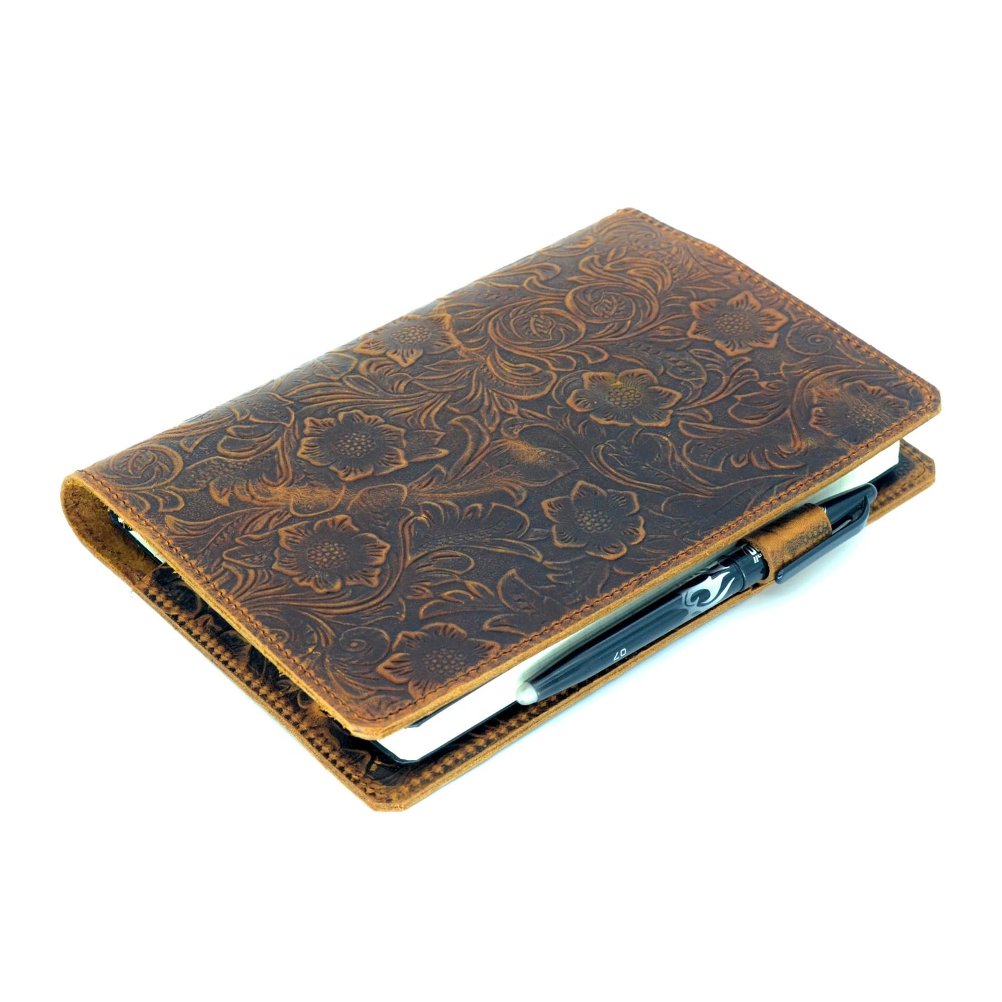 JJNUSA Leather Cover Compatible With Leuchtturm1917 Composition B5 7" x 10" Notebook Travel Journal Cover Distressed Refillable Writing Diary Flower Brown