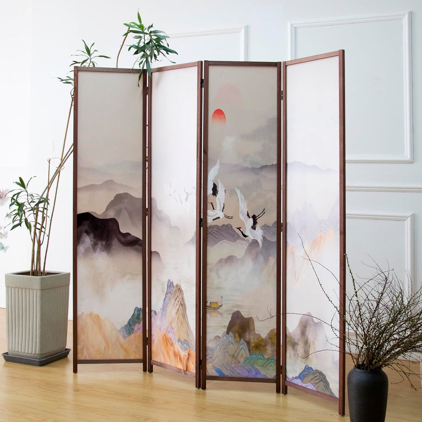 Furnnylane 4 Panel Room Divider, Double-Sided Folding Privacy Screen for Home Office – Freestanding Wall Partition with New Chic Colorful Landscape 67" H x 63" W - 5.6 ft Tall