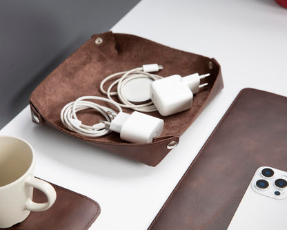 VENITO Leather 3-in-1 Desk Mat Set – Desk Mat (32"x16"), Organizer Tray & Cup Coaster – Full-Grain Leather Desk Pad for Office & Home – Elegant Workspace Accessories for Men & Women, Brown