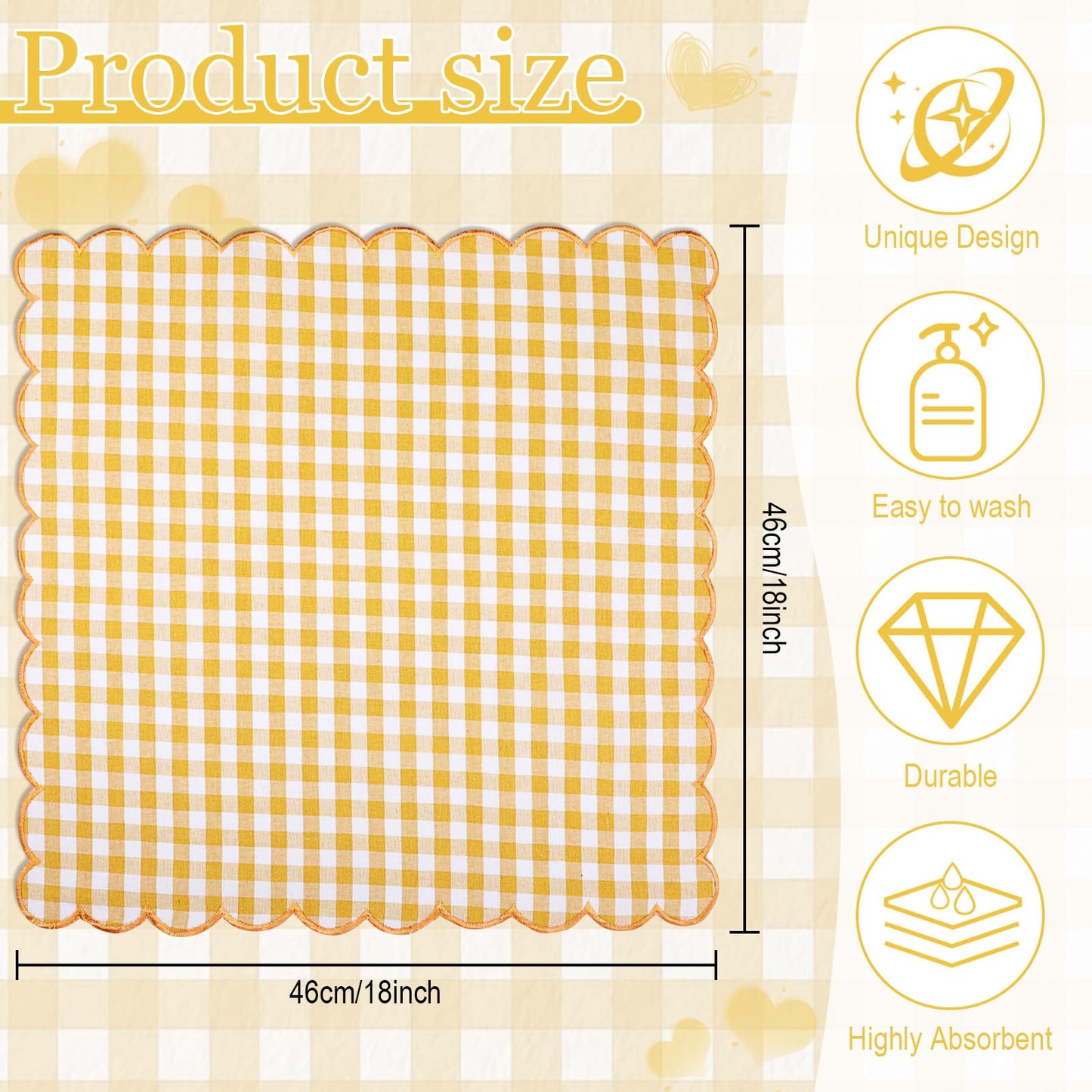 SmoothNovelty 12 Pack Buffalo Plaid Cloth Napkins 18x18 Inch Checkered Cloth Napkins Scalloped Soft Cotton Table Mat Washable Reusable for Dinner Wedding Holiday Birthday Parties (Classic,Yellow)