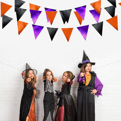 Zwiebeco 39Ft Black Orange Purple Glitter Fabric Bunting Banner Triangle Flags Hanging Cotton Pennant Banner for Birthday Wedding Engagement Halloween Theme Party Home Garden Decorations Supplies