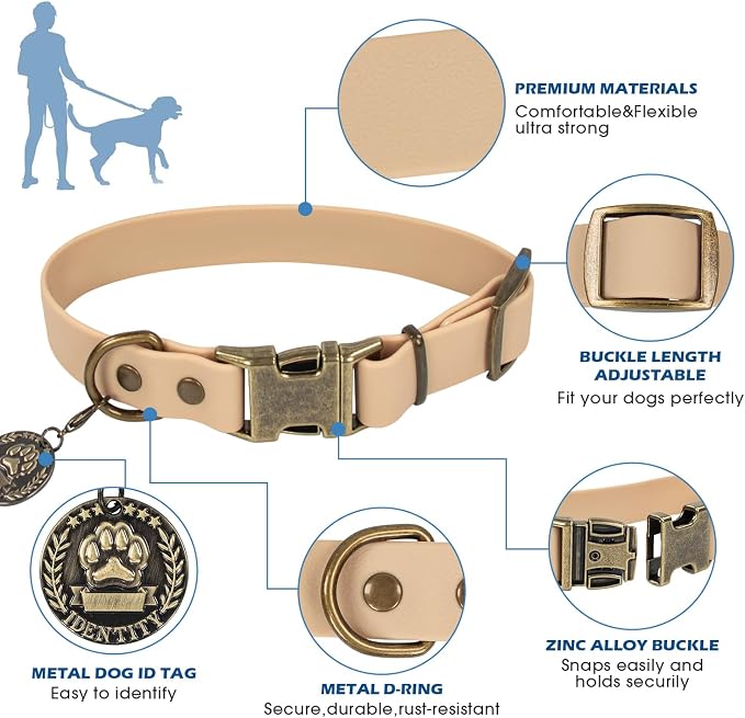 Wisedog Waterproof Dog Collar and Leash Set, XS, Sand Color | Adjustable Puppy Collar, Cute Tag, 4FT Dog Leash, Includes Poop Bag, For Small Medium Large Dogs