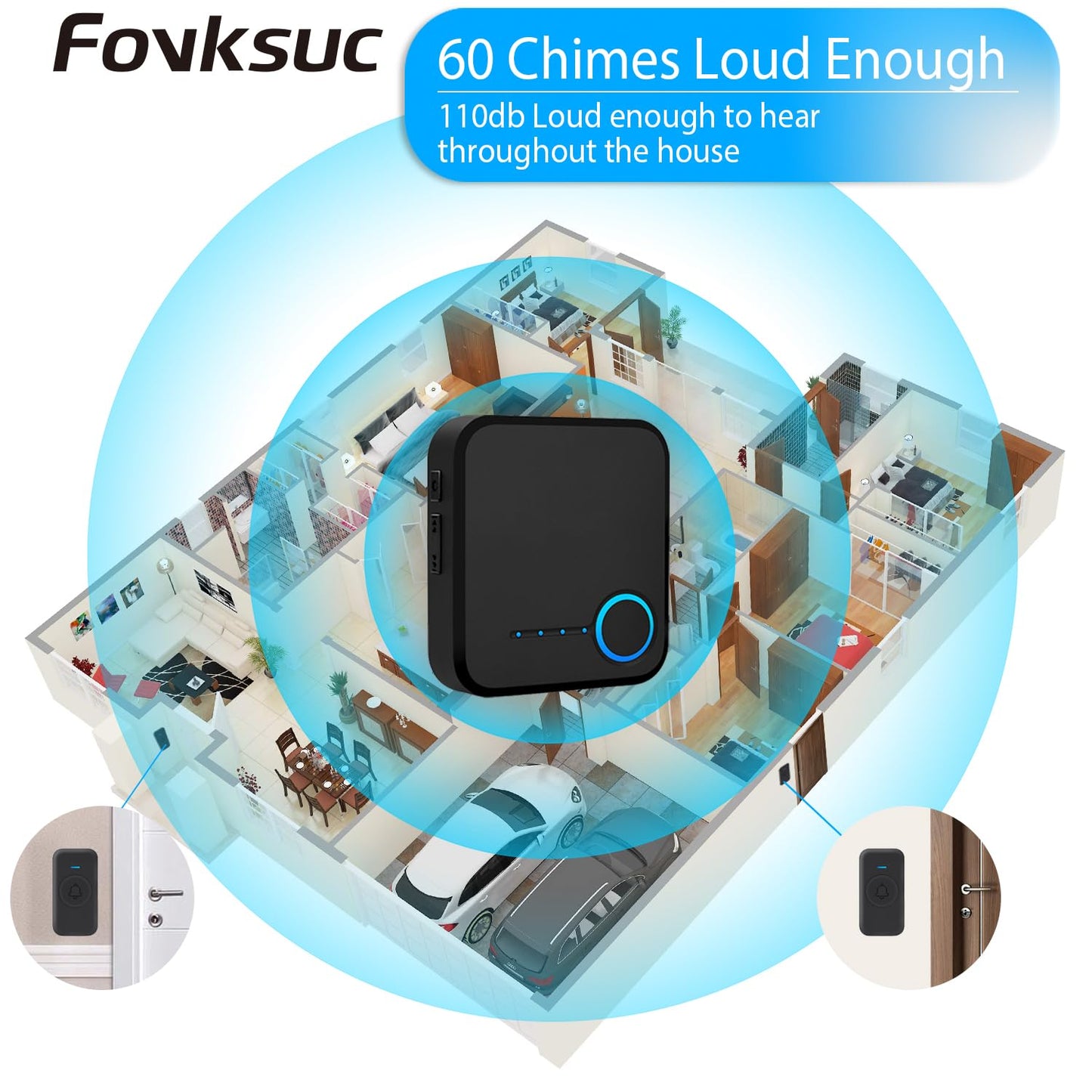 Wireless Doorbell, Waterproof Door Bell with 60 Chimes, 5 Levels Volume and LED Flash, 1000ft Long Range Classroom Doorbell for Home Office Hospital (2 Receiver & 1 Button, Black)