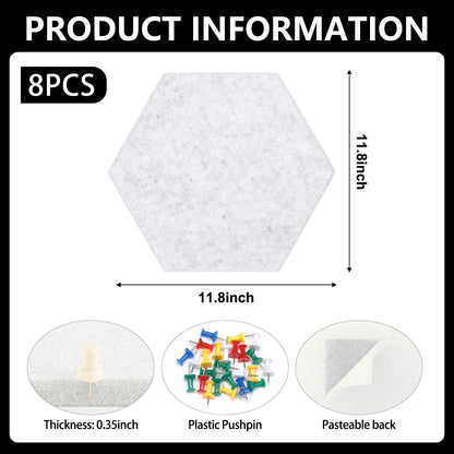 8 Packs Silver Grey Hexagon Felt Pin Board, 12" Bulletin Board with 30 Push Pins, Felt Board for Home Kitchen Office Decor, Self-Adhesive Corkboard Tiles for Walls Message Photos Memos Display