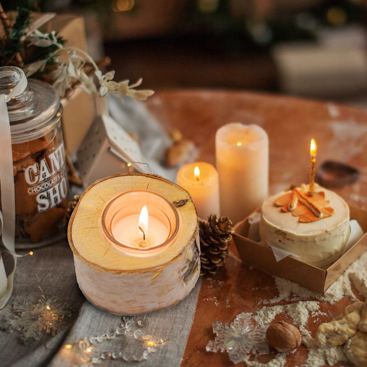 Vkinman 3Pcs Wooden Tea Light Candle Holders, Personalized Birch Wood Votive Tealight Holder for Birthday, Holiday, Party, Wedding, Table Decoration (2in, 4in, 6in)