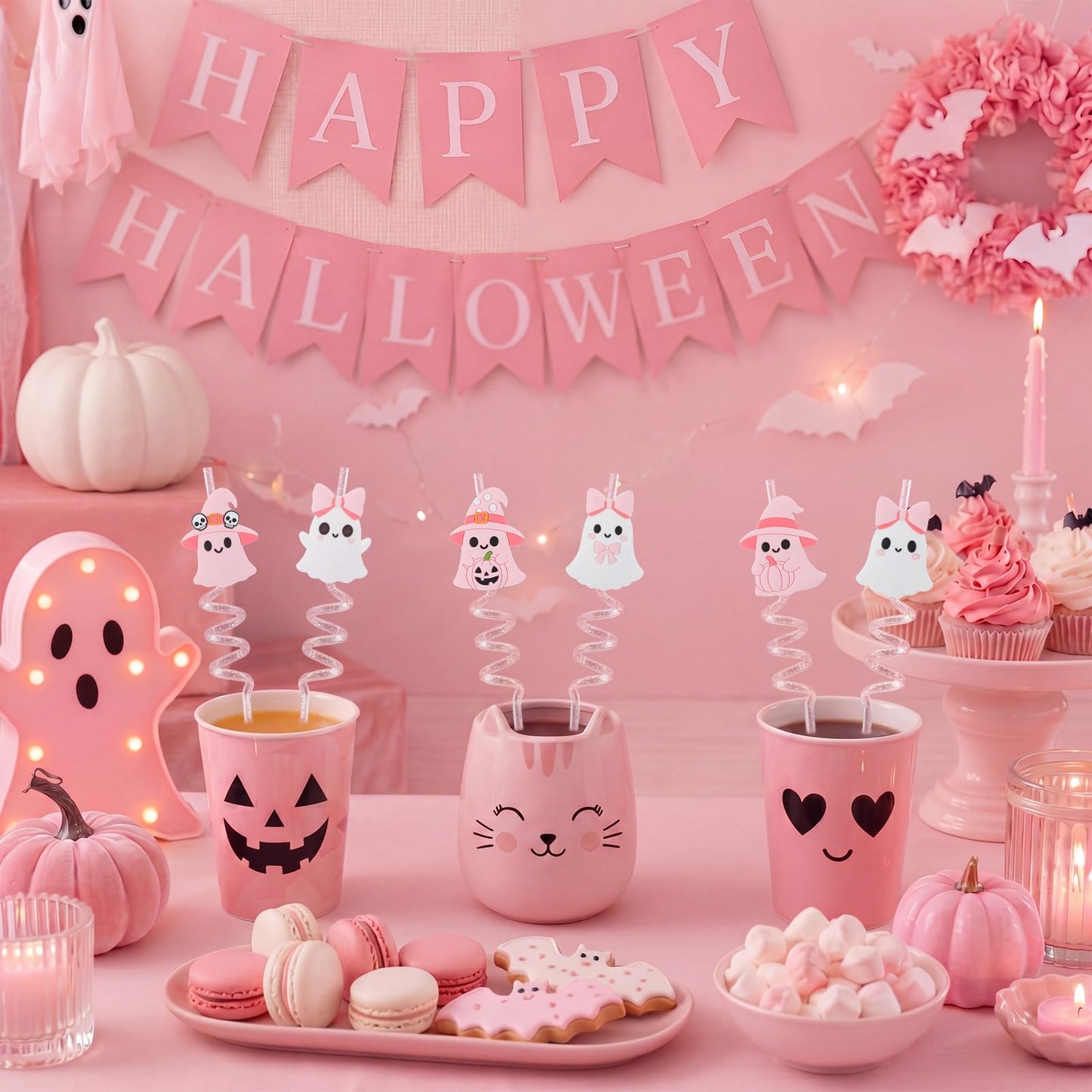 Acellegic 24 Pcs Halloween Reusable Plastic Straws Bulk Pink White Ghost Glitter Plastic Straws Cute Cartoon Ghost Decoration for Adults Halloween Party Supplies Birthday Party Favors