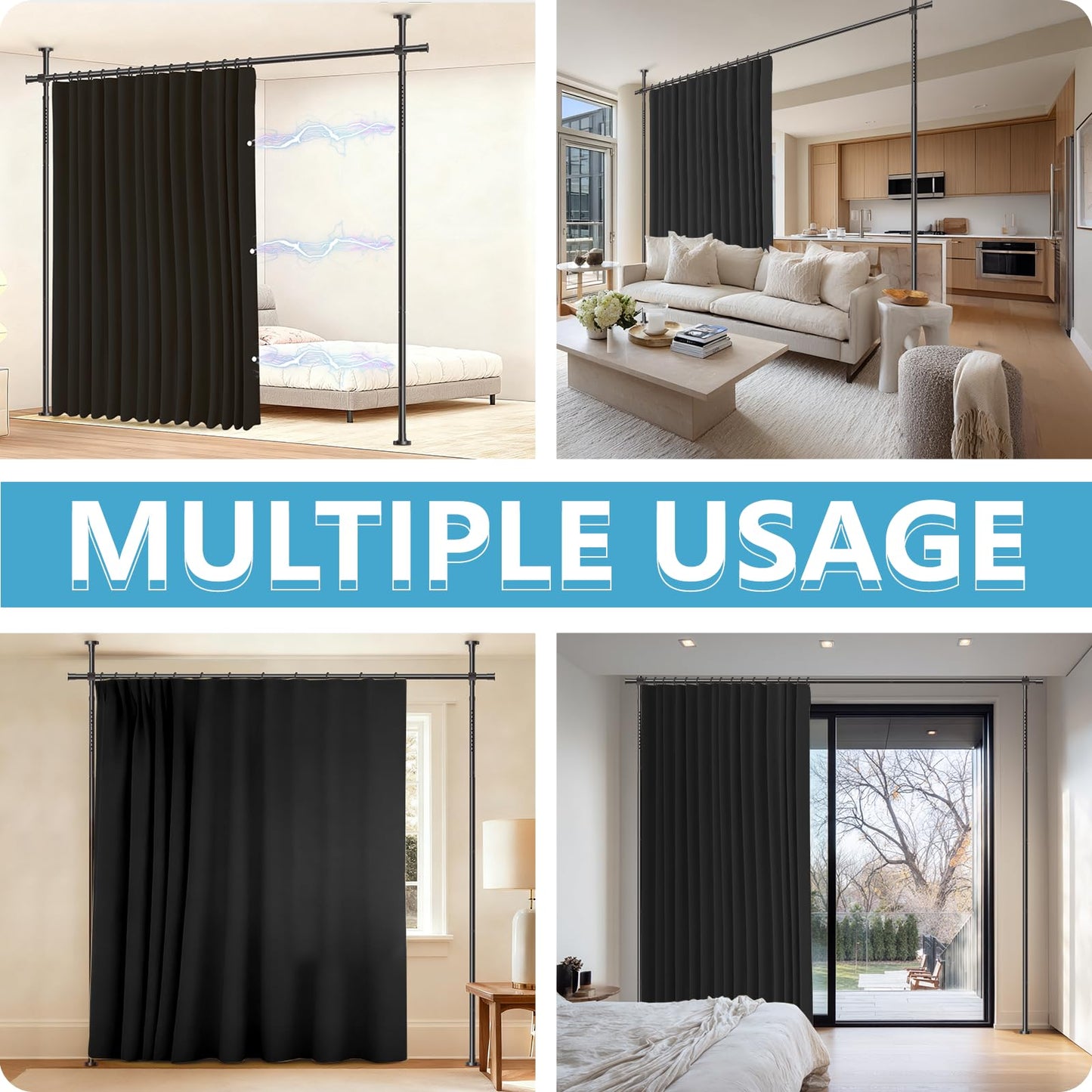 JILRON No-Drill Room Divider Curtain Set: Includes 106" W x 84" L Black Curtain & Adjustable Pole Brackets (35-100" W x 43-120" H Adjustable Range)