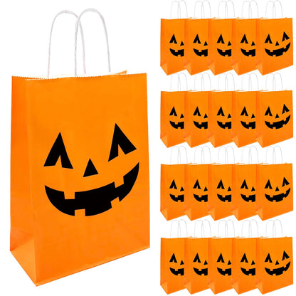 100 Pieces Halloween Pumpkin Gift Bags Trick or Treat Kraft Paper Candy Goodie Bags with Handle for Halloween Party Favors Supplies