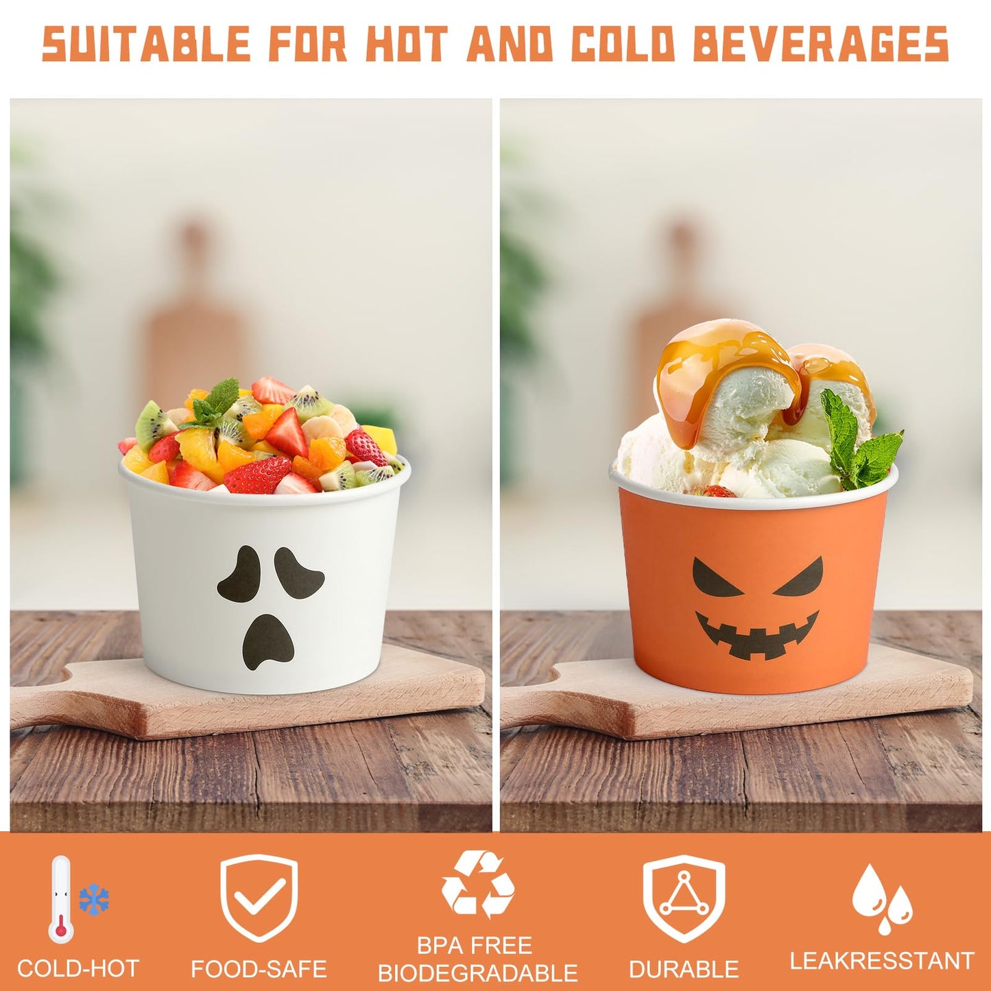 Uiifan 150 Pcs Halloween Treat Snack Cups 8 Oz Disposable Pumpkin Ghost Bowls Spooky Disposable Paper Cup White Orange Paper Cup Dessert Ice Cream Bowls Food Tasting Cups for Halloween Party Supplies