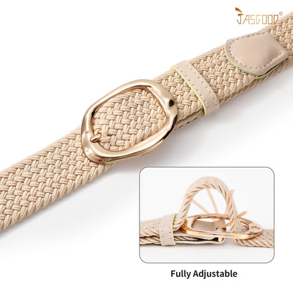 JASGOOD Braided Elastic Belt for Women Stretchy Woven Golf Belt Casual Web Belt for Jeans Pants with Gold Buckle, Beige, Fit Waist Size 37inch-41inch