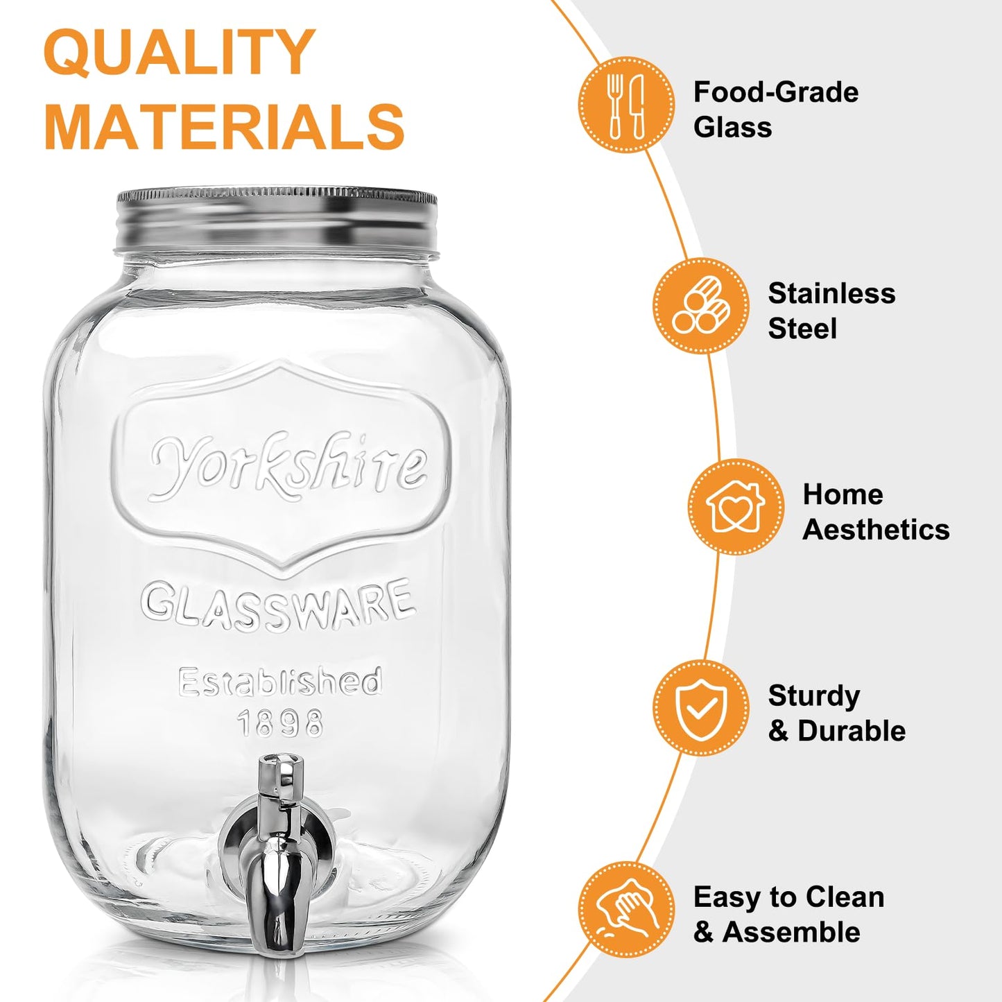 1 Gallon Glass Beverage Dispenser with Lid, Stainless Steel Spigot, Glass Drink Dispensers for Parties, Lemonade Dispenser With Ice Cylinder for Weddings, Party,Sun Tea Jar, Water Juice Dispensers