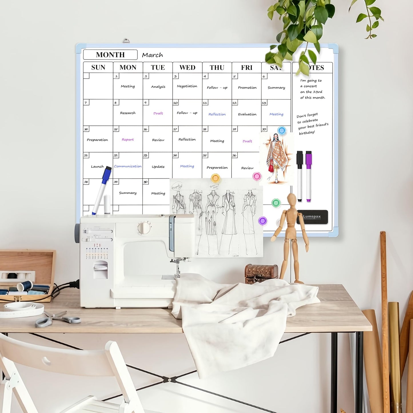 Lumspax Monthly Whiteboard Calendar for Wall, 24" x 18" Dry Erase Board with Plastic Frame, Hanging Dry Erase Calendar with 3 Mini Sticky Notes for Kitchen Planner, Memo, Home and Office, Blue