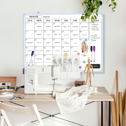 Lumspax Monthly Whiteboard Calendar for Wall, 24" x 18" Dry Erase Board with Plastic Frame, Hanging Dry Erase Calendar with 3 Mini Sticky Notes for Kitchen Planner, Memo, Home and Office, Blue