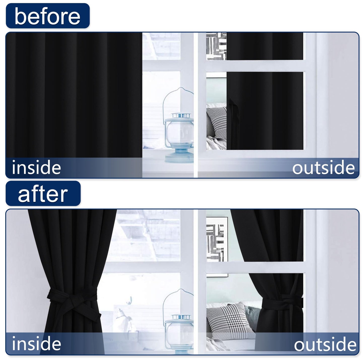Hiasan Black Blackout Curtains Rod Pocket & Back Tab Halloween Curtains with Tiebacks Thermal Insulated Drapes for Living Room Bedroom Noise Reducing,52 inch Wide, Set of 2,Black