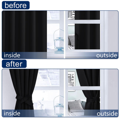 Hiasan Black Blackout Curtains Rod Pocket & Back Tab Halloween Curtains with Tiebacks Thermal Insulated Drapes for Living Room Bedroom Noise Reducing,52 inch Wide, Set of 2,Black