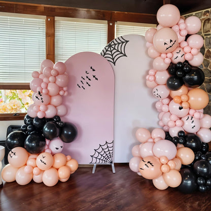 Halloween Balloon Arch Garland Kit, Black Macaron Pink Orange Sand White Balloons, Ghost and Star Foil Balloon, Fake Spider Webs for Kid Girl Halloween Birthday Party Decorations Baby Shower Backdrop