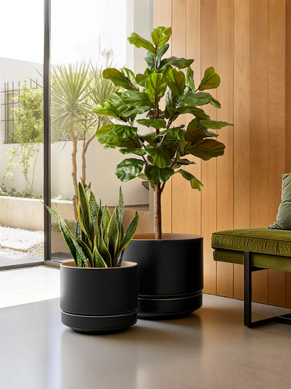 LE TAUCI 12 Inch Pot for Plants with Saucer, Ceramic Indoor Planter Pot with Drainage Hole, Mesh Pad Included, Matte Glazed Outside, Modern for Home and Office, Obsidian Black & Ochre