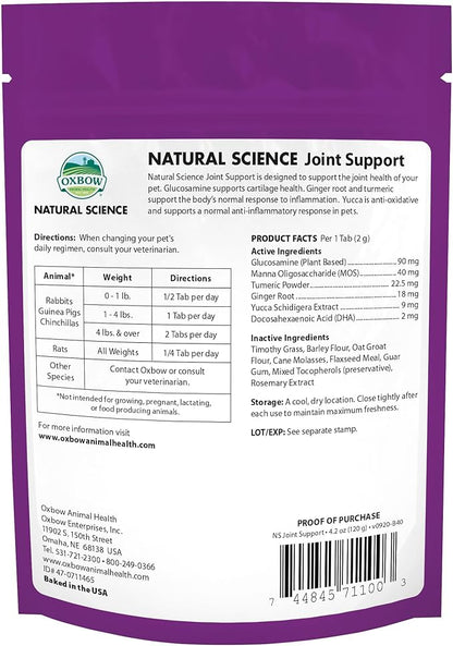 Oxbow Natural Science Joint Support, Anti Inflammatory Supplement for Rabbit & Guinea Pig, Oxbow Timothy Hay, Made with Glucosamine, Turmeric, & Yucca, Made in USA, 4.2 oz Bag