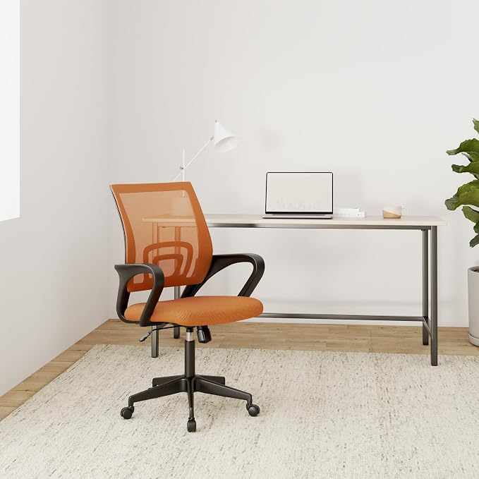 BestOffice | Ergonomic Office Chair | Mid-Back Swivel Desk Chair | Breathable Backrest & Lumbar Support | Adjustable Height | Sponge Seat | Rolling Wheels | Orange | for Adults & Women