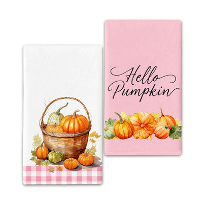 Hluvibbi Hello Pumpkin Fall Kitchen Towels Decor Set of 2,Pink Plaid Autumn Dish Towels 17"x27",Farmhouse Indoor Thanksgiving Halloween Seasonal Home Decorations Cute Hand Towels