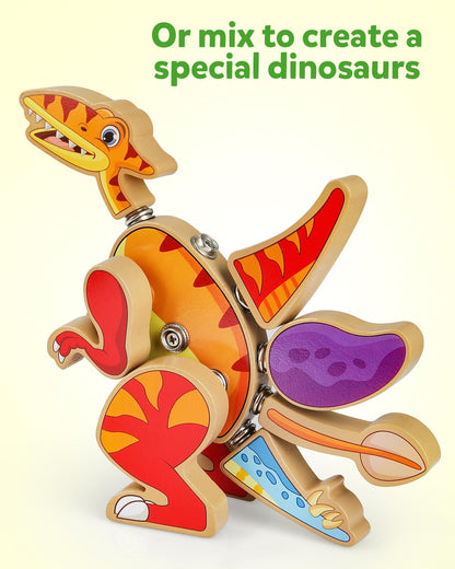 Coogam Dinosaur Snap Together Building Toys, Wooden Take Apart Dinosaur Playset, STEM Montessori Educational Fine Motor Skill Toy Gift for 3 4 5 Years Old Kids