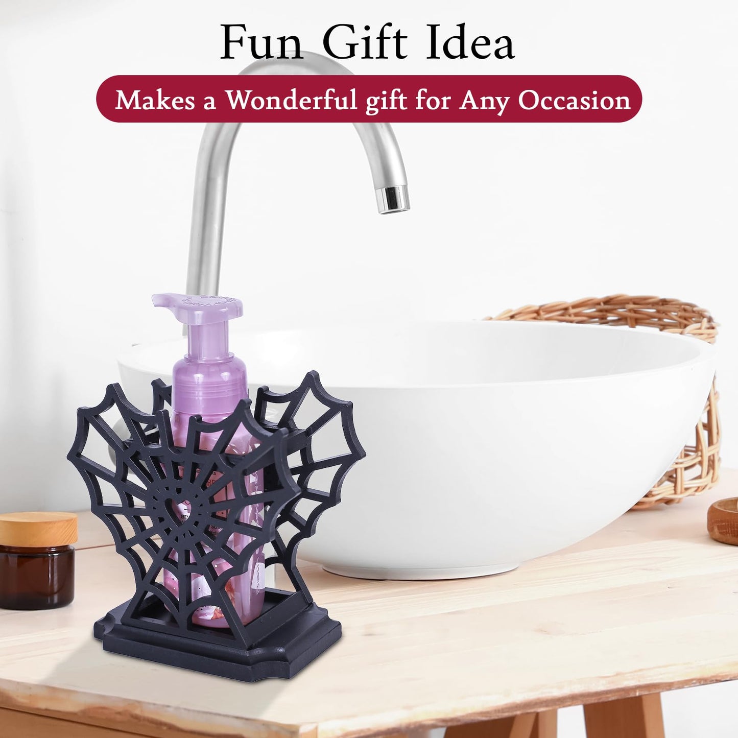 CEFLITECO Spider Web Soap Dispenser Holder – Heart-Shaped Halloween Spider Web Hand Soap Holder for Bathroom – Gothic Wooden Soap Dispenser for Spooky Bathroom Decor – Witchy Gifts for Women