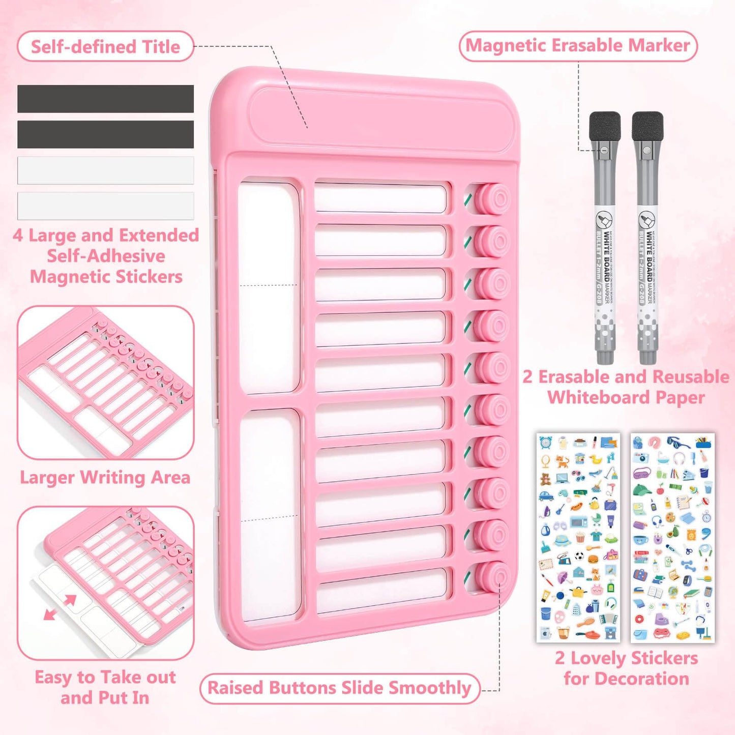 Audab 2Pcs Dry Erase Chore Chart for Kids, Magnetic Checklist Board, My Chores Slider Chart to Do List Board, Routine Reward Chart Schedule Board Task Tracker for Home Refrigerator, Wall, Desk (Pink)