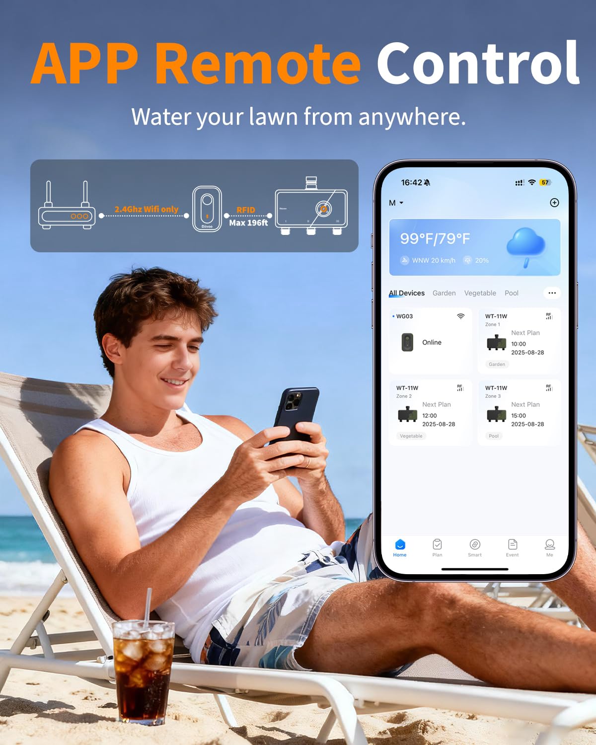 Diivoo 3 Zone WiFi Water Timer with Brass Inlet, Smart Sprinkler Hose Timer 3 Outlets Compatible with Alexa/Google Assistant, 18 Irrigation Plans, Rain Delay & Mist Mode for Garden Lawns (2.4GHz Only)