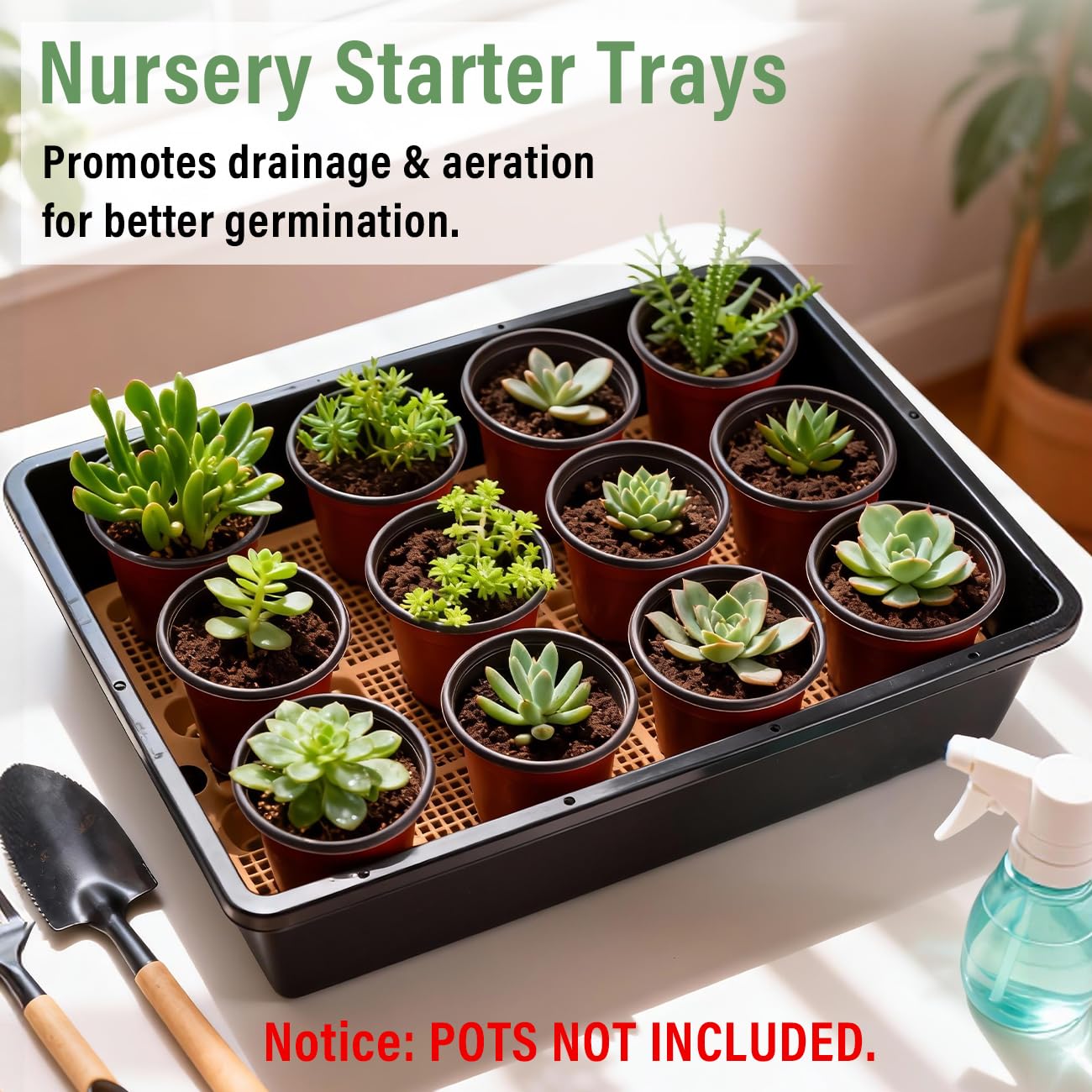 5 Pack Nursery Pots Trays with Removable Mesh Drainage Mat, Plastic Seed Starter Trays (17"x12"x3.5") with Drainage Hole, Propagation Kit for Seedlings, Microgreens, Plant Germination (Black)