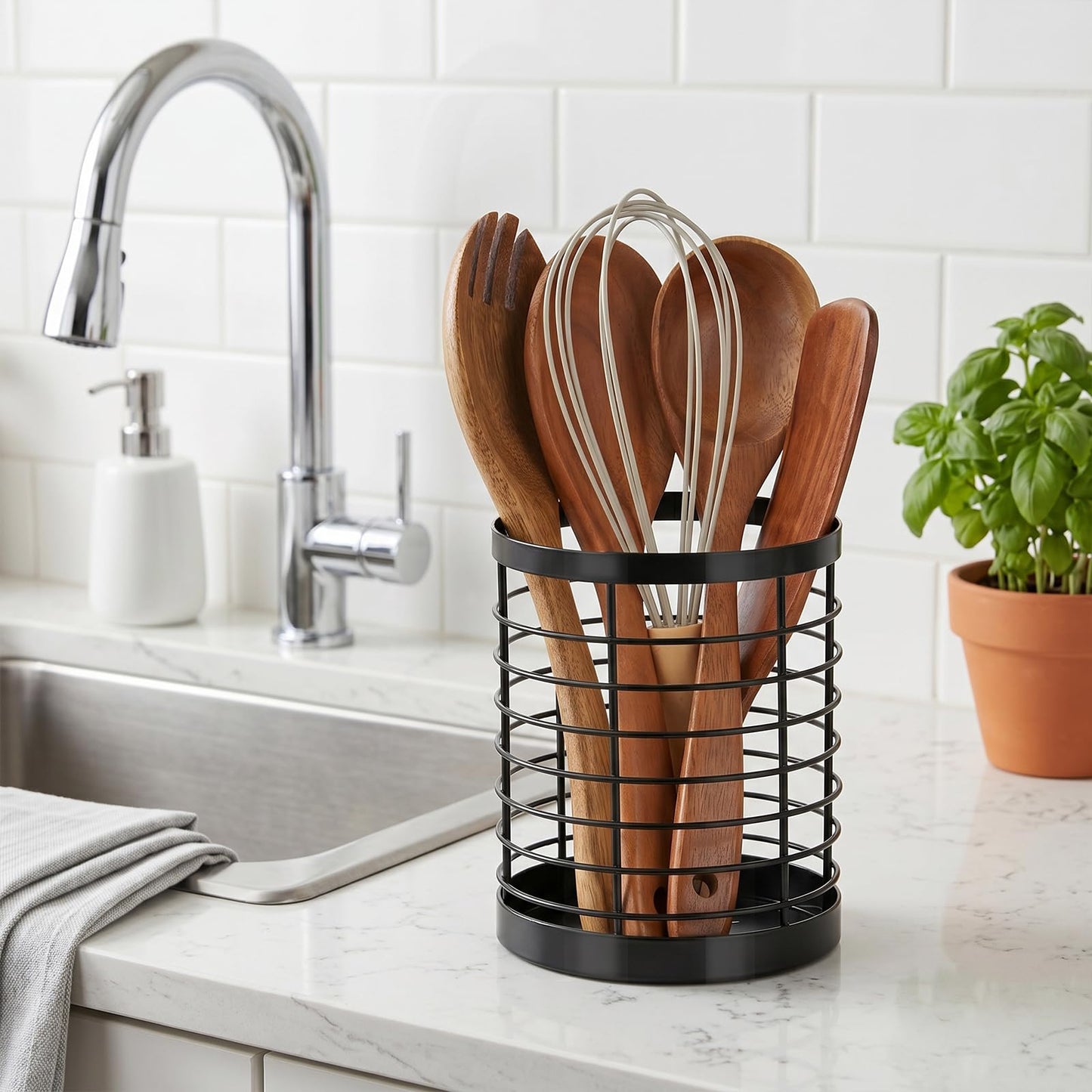 IWNTWY Utensil Holder for Kitchen Counter, Stainless Steel Utensil Crock for Cooking Tools, Spatula, Silverware Forks, Knives, Spoons Countertop Organizer