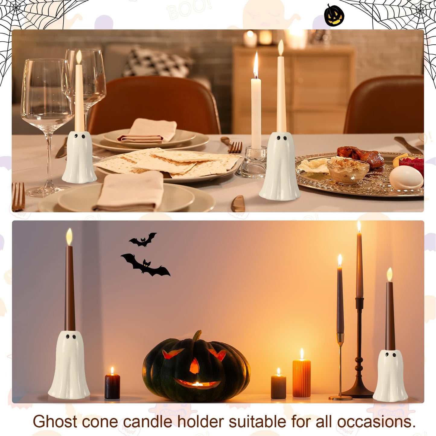 Reallnaive 2 Pcs Halloween Ghost Candlestick Holders Cute Ghost Shape Candle Stick Holders Ceramic Taper Candleholder for Holiday Wedding Party Home Decorative Table Centerpiece Not Included Candle
