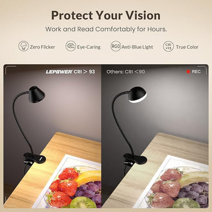 LEPOWER Clip on Light, Reading Lights for Books in Bed with 5 Colors & Stepless Dimming, RG0 Eye-Care, Auto Timer & Night Light, Strong Clamp for Headboard, Bedside, Desk, Black