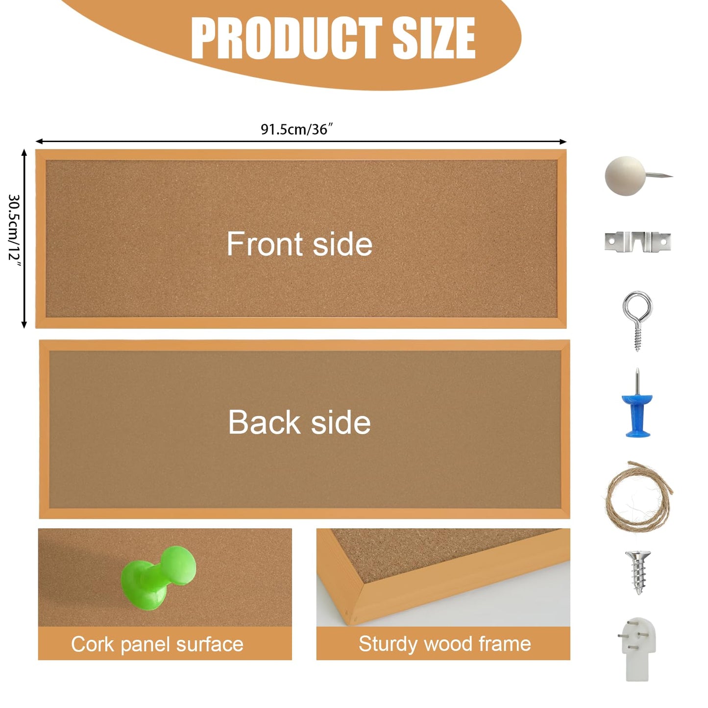 LECEHIVO 2 Pcs 12'' x 36'' Cork Bulletin Board Wall Mounted Framed Large School Message Corkboard with Installation Kit Push Pins for Home and Office Decor Vision Background (Brown)
