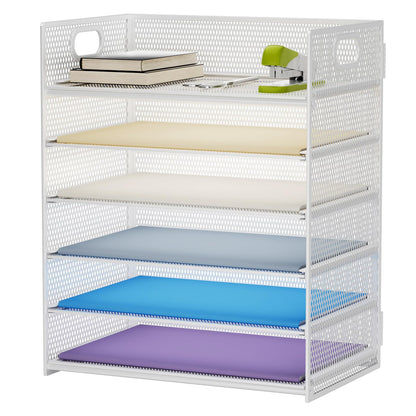 Marbrasse 6 Tier Paper Organizer Letter Tray - Mesh Desk File Organizer with Handle, Paper Sorter for Letter/A4 Office File Folder Holder - White