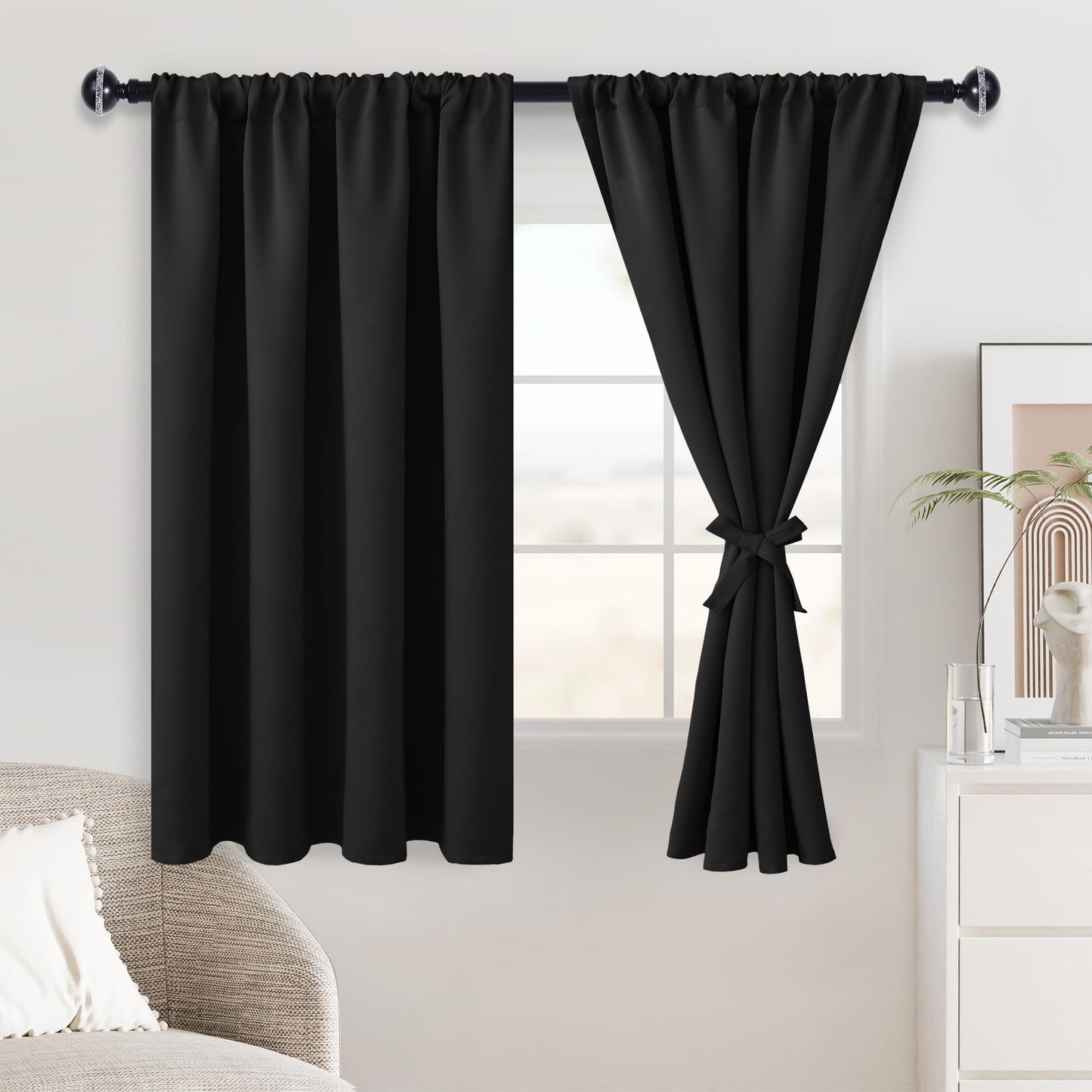 JIUZHEN Halloween Blackout Curtains for Bedroom - Black Thermal Insulated Room Darkening Rod Pocket Curtains for Living Room, Set of 2 Panels with Tiebacks, 38 x 45 Inch