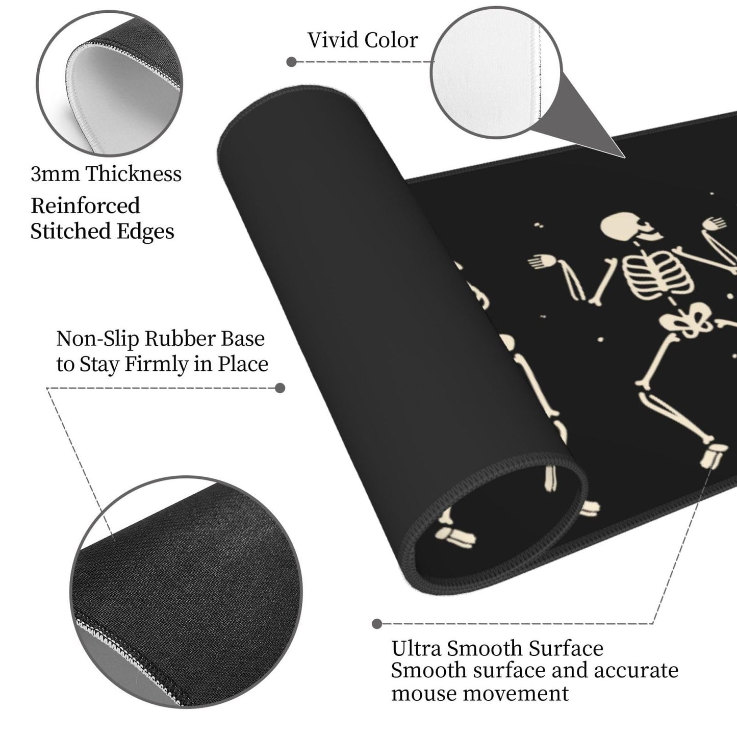 Dancing Skeleton Large Gaming Mouse Pad, Black Halloween Themed Extended Desk Mat with Non-Slip Base for Office & Home Decor 31.5 X 11.8 Inch