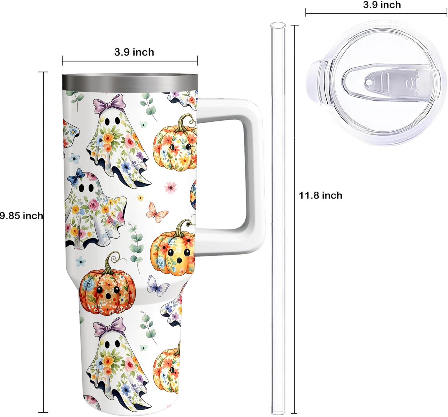 Kearscupra 40oz Cute Ghost Halloween Flowers Tumbler With Handle and Straw,Gifts for Women Pumpkin Coffee Mug Water Bottle, Stainless Steel Insulated Cup