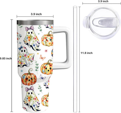 Kearscupra 40oz Cute Ghost Halloween Flowers Tumbler With Handle and Straw,Gifts for Women Pumpkin Coffee Mug Water Bottle, Stainless Steel Insulated Cup